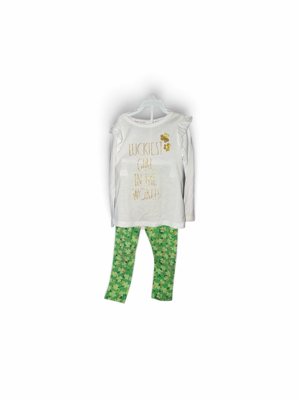 Rae Dunn White Top with Gold Foil & Green Clover Leggings St.patty Set